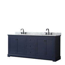 Wyndham  WCV232380DBBCMUNOMXX Avery 80 Inch Double Bathroom Vanity in Dark Blue, White Carrara Marble Countertop, Undermount Oval Sinks, Matte Black Trim