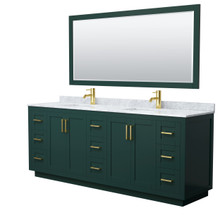 Wyndham  WCF292984DGDCMUNSM70 Miranda 84 Inch Double Bathroom Vanity in Green, White Carrara Marble Countertop, Undermount Square Sinks, Brushed Gold Trim, 70 Inch Mirror