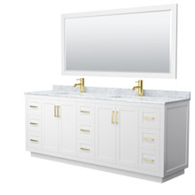 Wyndham  WCF292984DWGCMUNSM70 Miranda 84 Inch Double Bathroom Vanity in White, White Carrara Marble Countertop, Undermount Square Sinks, Brushed Gold Trim, 70 Inch Mirror