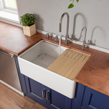 Alfi  ABFS3020-W White Smooth Apron Workstation 30" x 20" Single Bowl Step Rim Fireclay Farm Sink with Accessories
