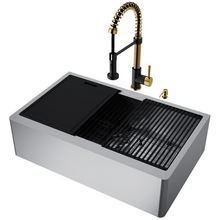 Vigo VG15996 33 Inch Oxford Single Bowl Apron Front Stainless Steel Farmhouse Kitchen Sink with Accessories and Edison Faucet in Matte Brushed Gold and Matte Black