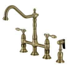 Kingston Brass  KS1273TALBS Tudor Bridge Kitchen Faucet with Brass Sprayer, Antique Brass