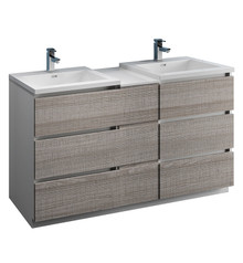 Fresca  FCB93-241224HA-D-I Lazzaro 60" Glossy Ash Gray Free Standing Double Sink Modern Bathroom Cabinet w/ Integrated Sinks