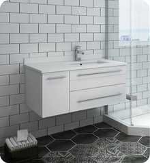 Fresca  FCB6136WH-UNS-R-CWH-U Lucera 36" White Wall Hung Modern Bathroom Cabinet w/ Top & Undermount Sink - Right Version