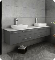 Fresca  FCB6172GR-VSL-D-CWH-V Lucera 72" Gray Wall Hung Modern Bathroom Cabinet w/ Top & Double Vessel Sinks