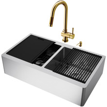 Vigo  VG15959 All-In-One 36" Double-Bowl Oxford Stainless Steel Farmhouse Flat Apron Front Kitchen Workstation Sink Set With Gramercy Faucet In Matte Brushed Gold, Grid, Strainer, And Soap Dispenser