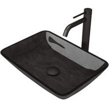 Vigo  VGT1416 Rectangular Gray Onyx Glass Vessel Bathroom Sink And Lexington Cfiber© Vessel Faucet Set In Matte Black With Pop-Up Drain