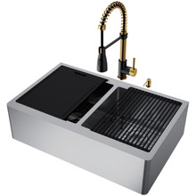 Vigo  VG151003 All-In-One 33 In. Double Bowl Oxford Apron Front Stainless Steel Farmhouse Kitchen Sink With Brant Faucet In Matte Brushed Gold And Matte Black