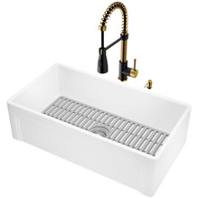 Vigo  VG151011 33 In. Matte Stone Casement Apron Front Farmhouse Kitchen Sink With Silicone Grid And Brant Faucet In Matte Brushed Gold And Matte Black