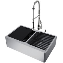 Vigo  VG15923 33-Inch Handmade Double-Bowl Stainless Steel Oxford Double-Bowl Flat Apron Front Sink With Zurich Pull-Down Spray Faucet And Soap Dispenser Workstation In Stainless Steel