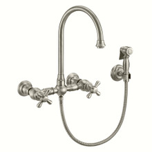 Whitehaus  WHKWCR3-9301-NT-BN Vintage III Plus Wall Mount Faucet with a Long Gooseneck Swivel Spout, Cross Handles and Solid Brass Side Spray - Brushed Nickel