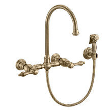 Whitehaus  WHKWLV3-9301-NT-AB Vintage III Plus Wall Mount Faucet with a Long Gooseneck Swivel Spout, Lever Handles and Solid Brass Side Spray - Antique Brass