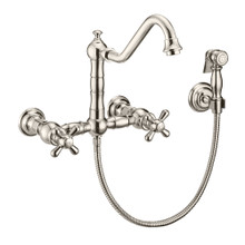 Whitehaus  WHKWCR3-9402-NT-PN Vintage III Plus Wall Mount Faucet with a Long Traditional Swivel Spout, Cross Handles and Solid Brass Side Spray - Polished Nickel