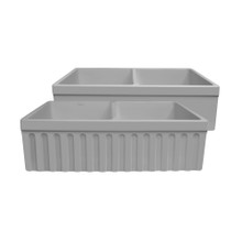 Whitehaus  WHQDB332-M-LIGHTCEMENT Farmhaus Quatro Alcove Reversible Matte Double Bowl Fireclay Kitchen Sink with Fluted 2" Lip Front Apron on one Side and a 2 ½" Lip Plain on the Opposite Side - Light Cement
