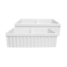 Whitehaus  WHQDB332-M-WHITE Farmhaus Quatro Alcove Reversible Matte Double Bowl Fireclay Kitchen Sink with Fluted 2" Lip Front Apron on one Side and a 2 ½" Lip Plain on the Opposite Side - Matte White