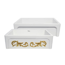 Whitehaus  WHSIV3333OR-GOLD St. Ives Ornamental 33" Reversible Fireclay Kitchen Sink with Intricate Embossed Vine Design Front Apron on one side and an Elegant Beveled Front Apron on the Opposite Side - White/Gold