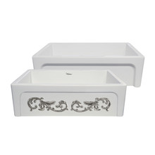 Whitehaus  WHSIV3333OR-PLATINUM St. Ives Ornamental 33" Reversible Fireclay Kitchen Sink with Intricate Embossed Vine Design Front Apron on one side and an Elegant Beveled Front Apron on the Opposite Side - White/Platinum