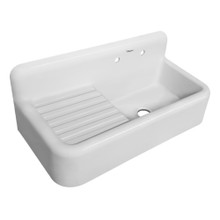 Whitehaus  WHQD4220-WHITE Heritage Front Apron Single Bowl Fireclay Sink with Integral Drainboard and High Backsplash - White