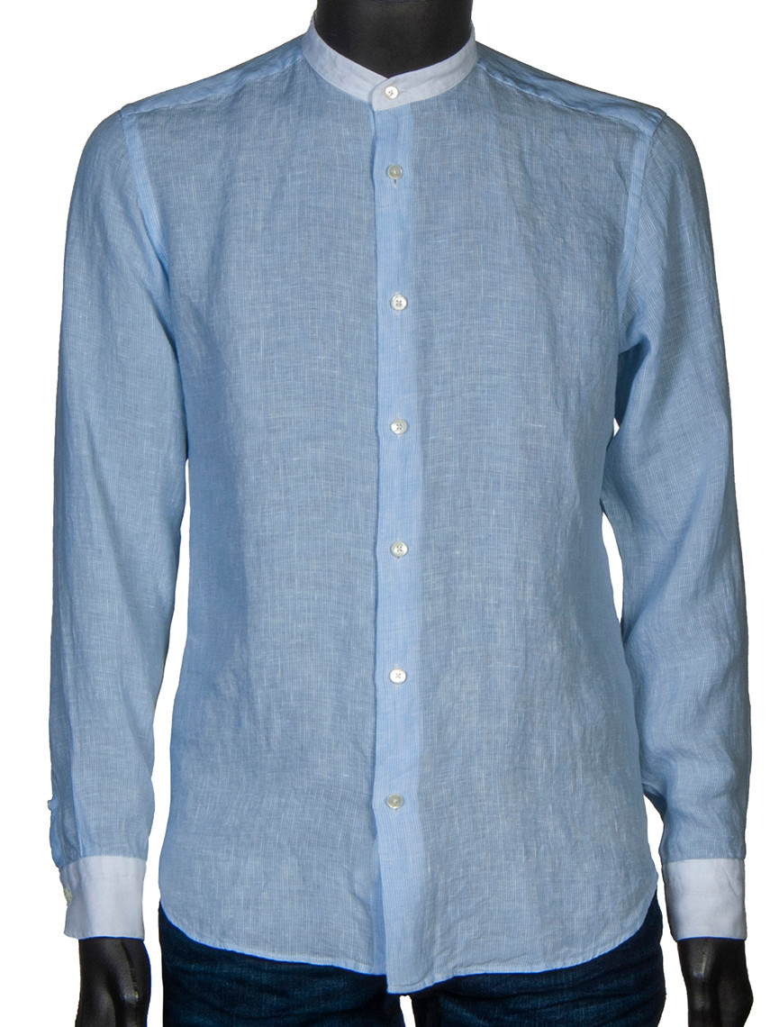 Grandad-Collar Washed Linen Shirt Sky Fine Stripe - Oscar Milo