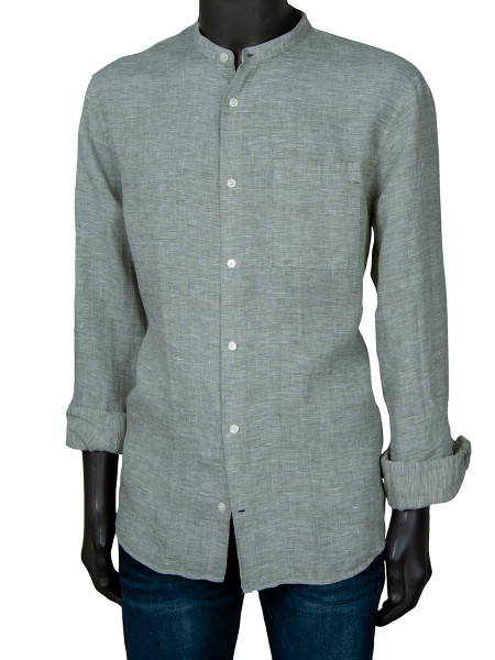 Forest Grey Green Linen Mandarin Collar Shirt
