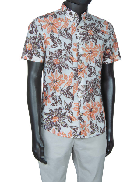 Flower Print Shirt - Coral & Brown on White