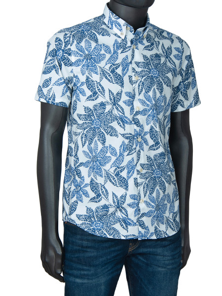 Flower Print Shirt - Ocean Blue On White