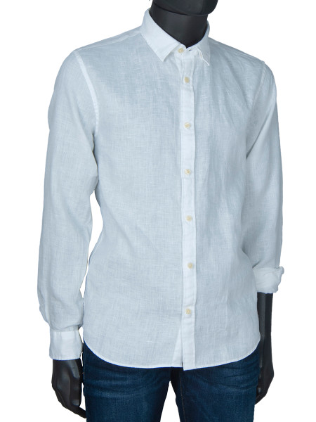 Linen Shirt With Button-Under Collar - White 