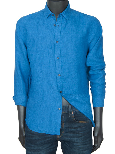 Hidden Button Collar Linen Shirt - Ocean Blue