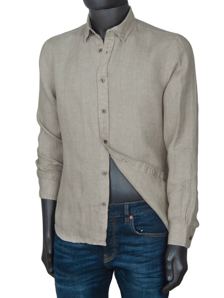 Hidden Button Collar Linen Shirt - Cashew