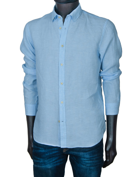 Hidden Button Collar Linen Shirt - Sky Blue