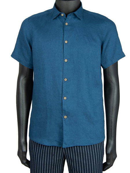 Short Sleeve Linen Shirt - Blue