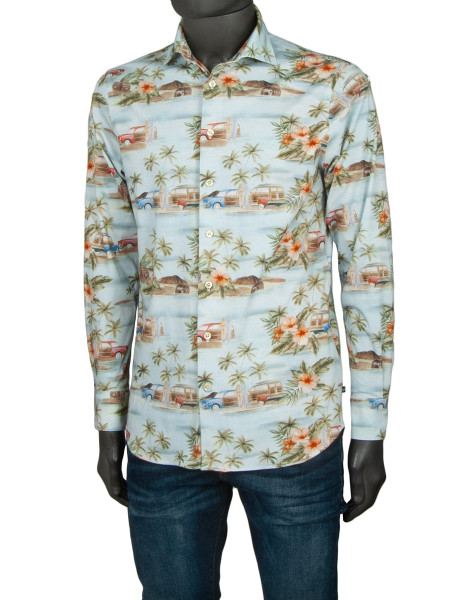 Lux Shirting - Chambray Blue Hawaiian Print