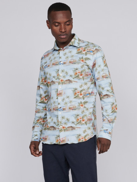 Matinique Lux Shirting - Chambray Blue Hawaiian Print