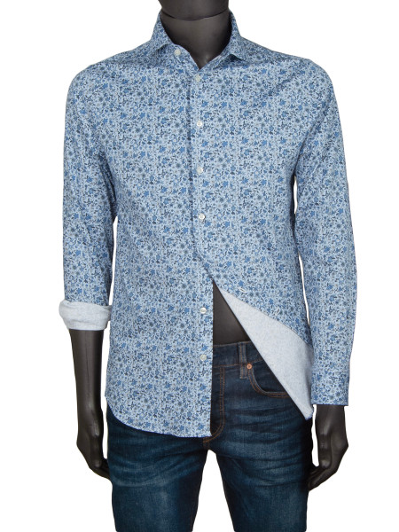 Lux Shirting - Chambray Blue Flower Print