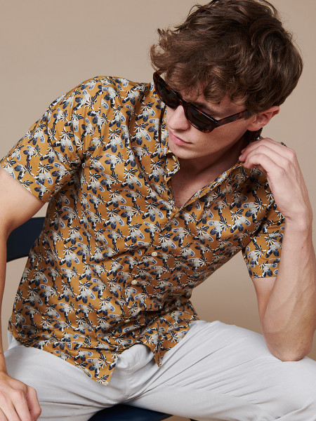 Short Sleeve Shirt - Navy Feather Print on Yellow Brown