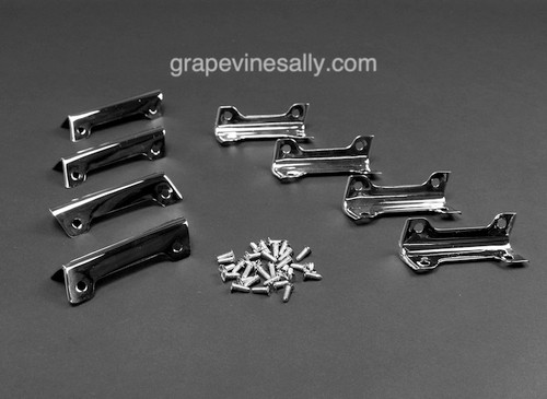 NEW CHROMED original vintage 1930's GE Monitor Top Ice Box Refrigerator Corner Trim. Includes new chromed inner corner and outer corner trim with new chromed screws. 8 trim pieces total.
MEASUREMENTS: All Mounting Holes are 2-1/2" O/C

All of our chrome parts are Triple Plated (copper, nickel, chrome)