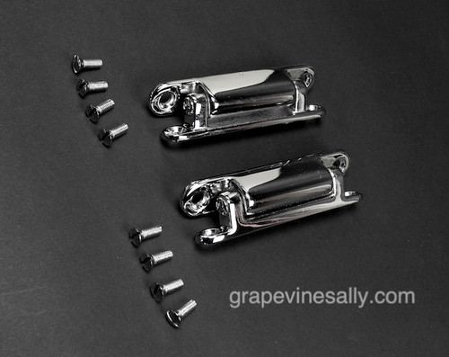 NEW CHROMED original vintage 1930's GE Monitor Top Ice Box Refrigerator Door Hinges. Includes 2 new chromed door hinges with new chromed screws.

ALL MOUNTING HOLES: 4.0" O/C

All of our chrome parts are Triple Plated (copper, nickel, chrome)