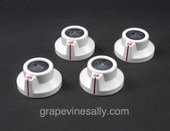 Set of 4 Vintage White Stove Range Flush Mount Gas Burner Control Knobs - 'Like New'  
This set includes 2 'REAR" and 2 'FRONT' with Red 'OFF"
Fits the standard 'D' burner valve stem.

Diameter of rear each knob: 2.0" 
