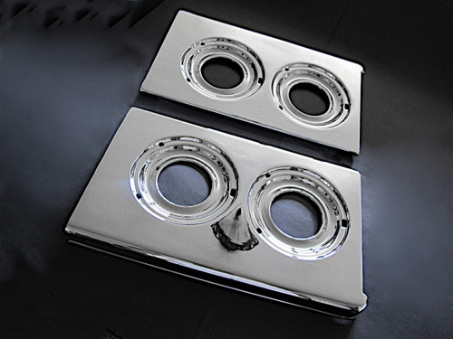 Original Vintage 39" O'Keefe & Merritt NEW CHROMED L&R Stove Tops.
These are original vintage O'Keefe & Merritt new chromed stove tops. They fit the 39" O'Keefe & Merritt vintage gas stoves. These have the 3 grate peg holes in the drip wells. The metal integrity is excellent. 
 
MEASUREMENTS: Depth 22.0"  /  Depth at Corners 22-1/2"   /  Width 13-1/2"
 
All of our chromed parts are 'Triple Plated' (copper, nickel, chrome)