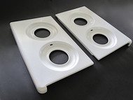 Original Vintage O'Keefe & Merritt NEW PORCELAIN ENAMELED L&R Stove Tops.
These tops fit the 39" vintage O'Keefe & Merritt stoves. These have the single grate peg holes in the drip wells. This is style uses the '5 Spoke' Grate w/ the single fat underside peg. The metal integrity is excellent. Stainless underside trim included and attached. These tops are absolutely gorgeous and ready to ship.
MEASUREMENTS Each Panel: Depth 22.0" / Depth at Corners 22-1/2" / Width 13-1/2"
Add a new chromed griddle and some new porcelain enabled grates and transform your kitchen!