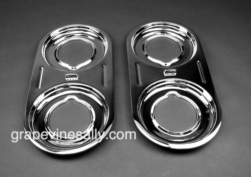 NEW CHROMED Original Vintage Wedgewood Stove Top Drip Tray Insets. These are original vintage O'Keefe & Merritt gas stove grate drip well stove top insets. Please note, these are the style that has the pilot covers that sat at the center of each drip tray. The two original pilot covers are usually missing, however they are included, and have also been re-chromed. Their attaching clips are not included. The metal integrity is excellent. All pieces are in gorgeous condition. These are a very rare find.
 
All of our new chromed parts are 'Triple Plated' (copper, nickel, chrome)
 
MEASUREMENTS: (Measured from the top side edges) Overall Length - 17-3/8"  /   Overall Width - 8-3/8"
Inner Burner hole diameter L to R: Front & Rear: 4.0"
 