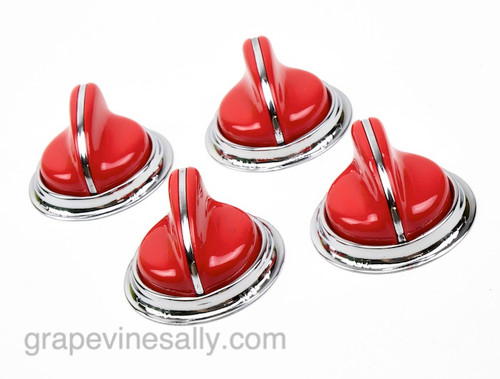 Set of 4 Classic Flush Mount Vintage RED O'Keefe & Merritt Gas Stove Control Knobs with Chrome Bezel Rings. These knobs fits the vintage 1940's-1950's O'Keefe & Merritt gas stoves. There are no cracks, chips in the plastic/bakelite have a brilliant red shine - extremely rare. 