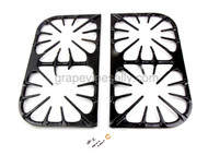 Magic Chef double grate set. These are in very good used condition, there are no cracks or breaks. These came to us in rather ugly condition, we cleaned them up and painted with couple of coats of high heat epoxy paint - they are NOT porcelain enameled.

Please see all photos and below measurements to be sure you are ordering the correct set. Many of these grates look similar, but there are subtle differences in measurements, spoke design, corners, and underside pegs and resting edges. Give a call with any questions.

MEASUREMENTS: 17.0" x 9.0"