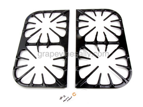 Magic Chef double grate set. These are in very good used condition, there are no cracks or breaks. These came to us in rather ugly condition, we cleaned them up and painted with couple of coats of high heat epoxy paint - they are NOT porcelain enameled.

Please see all photos and below measurements to be sure you are ordering the correct set. Many of these grates look similar, but there are subtle differences in measurements, spoke design, corners, and underside pegs and resting edges. Give a call with any questions.

MEASUREMENTS: 17.0" x 9.0"