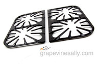 Magic Chef double grate set. These are in very good used condition, there are no cracks or breaks. These came to us in rather ugly condition, we cleaned them up and painted with couple of coats of high heat epoxy paint - they are NOT porcelain enameled.

Please see all photos and below measurements to be sure you are ordering the correct set. Many of these grates look similar, but there are subtle differences in measurements, spoke design, corners, and underside pegs and resting edges. Give a call with any questions.

MEASUREMENTS: 17.0" x 10.0"