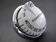 Original Re-conditioned Vintage Robertshaw Original Oven Gas Control Knob with Spring and Chrome Bezel Ring. There are no cracks or stains - this knob has been re-lettered. Includes the knob, chrome bezel ring, and spring. Works with the original vintage Robertshaw Model BJ thermostats.

PLEASE NOTICE: The rear of bezel ring 'sleeve' varies in depth on some stove models as does the rear knob stem length. This knob stem is 1-1/2". Please compare with the knob and bezel you are currently using - give us a call if you have any questions. 

All of our new chromed parts are 'Triple Plated' (copper, nickel, chrome).