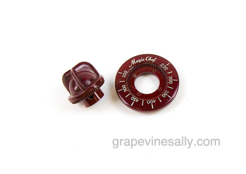 LAST ONE! Re-conditioned Vintage 30's-40's Magic Chef Stove Range BURGUNDY RED Knob Dial Oven Temperature Control.
This is a 2 Piece Set - outer knob turn dial set screw included.
 
These are extremely rare to find in good condition.
 
MEASUREMENTS: Outer Knob Diameter: 1-7/8"   /    Inner Dial Diameter: 1-1/4"