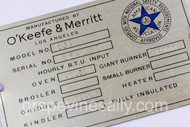 Original O'Keefe & Merritt Manufacturers Plate