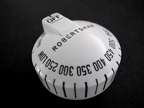 SAVE OODLES! Original Vintage Stove Robertshaw Oven Gas Control Knob 1.0" Stem

PLEASE READ FULL DESCRIPTION

This is a re-conditioned and re-lettered vintage Robertshaw oven control knob. There are no cracks or chips, it is very bright and shiny - the one flaw is that it does have some use wear at the top side of the 'OFF', it is just from heavy wear over the years - when the knob is installed the wear is not noticeable - this is the only flaw on this knob.
Works with the original vintage Robertshaw Model BJ thermostats.
PLEASE NOTICE: The rear knob stem length is 1.0"