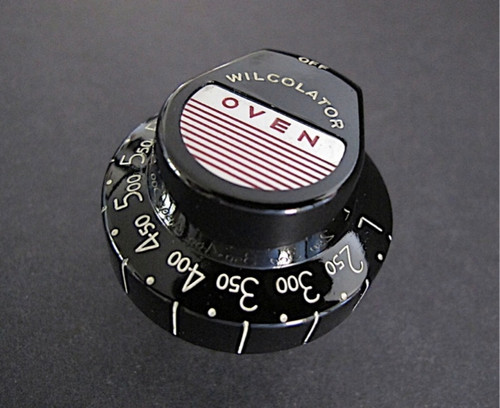 Vintage Black Wilcolator Thermostat Gas Oven Control Knob. Re-conditioned and re-lettered - this knob is bright and shiny and in very nice used condition. Wilcolator thermostats were used on many period stove brands.

MEASUREMENTS: Overall Rear Stem Length - 3/4" (measure entire length of rear stem)

White Wilcolator oven knobs also available in store.